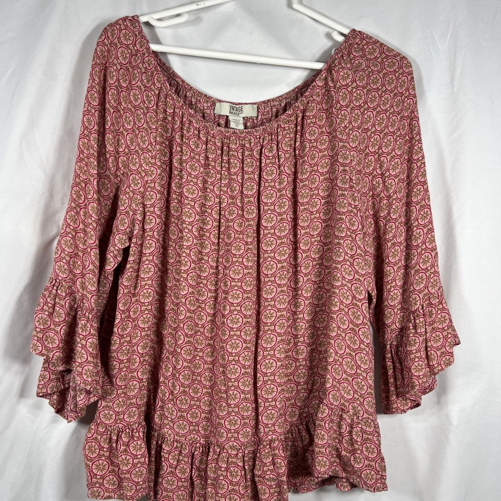 Vintage America Blues Women's Blouse Rose Size XL  3/4 Sleeve Pullover